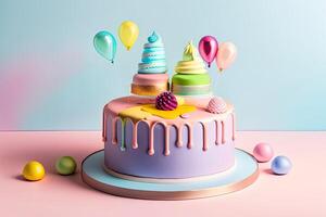 vistoso cumpleaños pastel en pastel antecedentes generativo ai foto