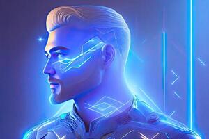 Digital Illustration of a Male Head in Front of a Futuristic Background. photo