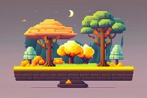 Pixel Art Style Landscape with a Tree and Mountains in the Background. photo