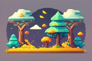 Pixel Art Style Landscape with a Tree and Mountains in the Background. photo