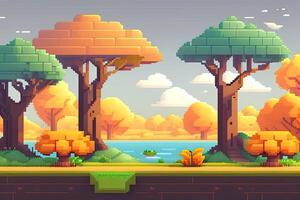 Pixel Art Style Landscape with a Tree and Mountains in the Background. photo