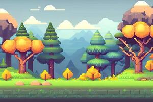 Pixel Art Style Landscape with a Tree and Mountains in the Background. photo