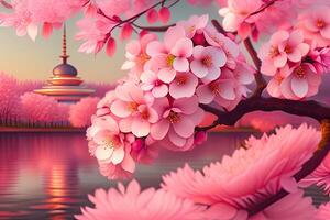 Cherry Blossoms. Japanese Tree Flower Bloom Background photo