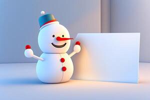 Christmas Background. Snowman Holding White Copy Space. photo