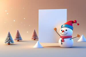 Christmas Background. Snowman Holding White Copy Space. photo