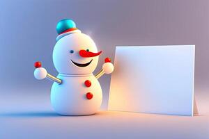 Christmas Background. Snowman Holding White Copy Space. photo