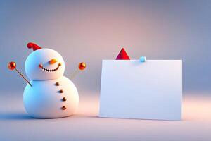 Christmas Background. Snowman Holding White Copy Space. photo