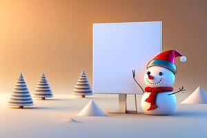 Christmas Background. Snowman Holding White Copy Space. photo