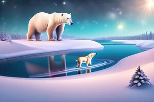 Christmas Polar Bear in Winter Landscape. photo