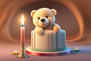 Cute Beige Teddy Bear and Birthday Cake photo