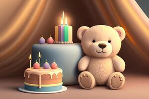 Cute Beige Teddy Bear and Birthday Cake photo