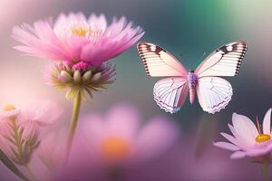 rosado mariposa en romántico naturaleza floral antecedentes generativo ai foto
