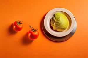 Diet Concept Flat Lay Orange Background photo