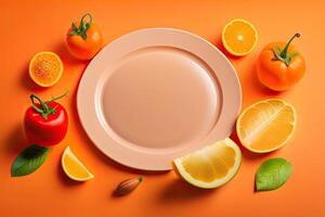 Diet Concept Flat Lay Orange Background photo