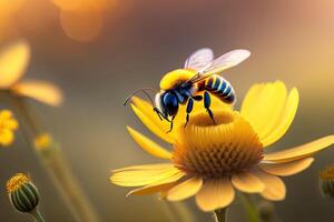 Flying Honey Bee and Flower on Blurry Background photo