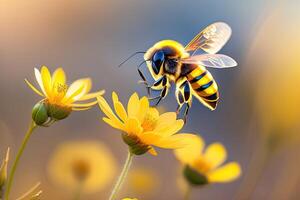 Flying Honey Bee and Flower on Blurry Background photo