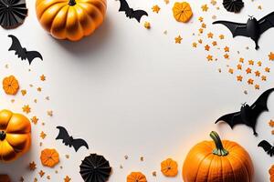 Halloween Holiday Background Decoration, White Backdrop Pumpkin and Bats Flat Lay. photo