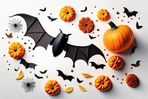 Halloween Holiday Background Decoration, White Backdrop Pumpkin and Bats Flat Lay. photo