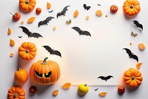 Halloween Holiday Background Decoration, White Backdrop Pumpkin and Bats Flat Lay. photo