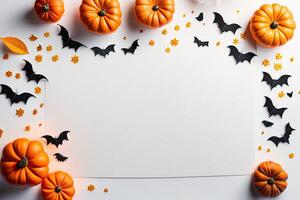 Halloween Holiday Background Decoration, White Backdrop Pumpkin and Bats Flat Lay. photo