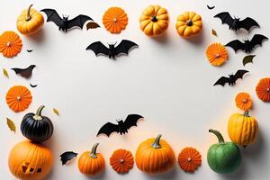Halloween Holiday Background Decoration, White Backdrop Pumpkin and Bats Flat Lay. photo