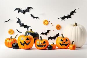 Halloween Holiday Background Decoration, White Backdrop Pumpkin and Bats Flat Lay. photo