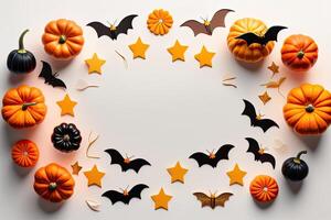 Halloween Holiday Background Decoration, White Backdrop Pumpkin and Bats Flat Lay. photo