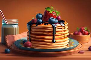 Tasty Pancakes on Brown Background. photo