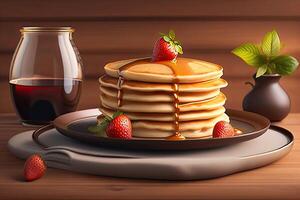 Tasty Pancakes on Brown Background. photo