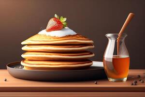 Tasty Pancakes on Brown Background. photo