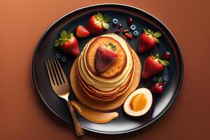 Tasty Pancakes on Brown Background. photo