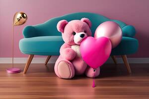 rosado osito de peluche oso con corazón y globo generativo ai foto