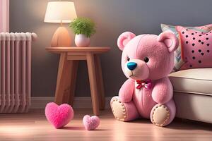 rosado osito de peluche oso con corazón generativo ai foto