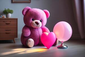 rosado osito de peluche oso con corazón y globo generativo ai foto