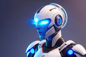 Humanoid Cyborg with Blue Glowing. White Robot photo