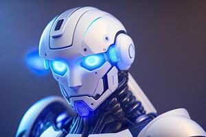 Humanoid Cyborg with Blue Glowing. White Robot photo