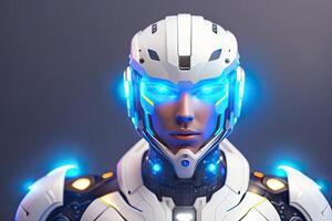 Humanoid Cyborg with Blue Glowing. White Robot photo