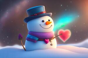 Snowman with Heart in Winter Christmas Landscape photo