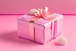 Pink Gift Present Box on Pink Background photo