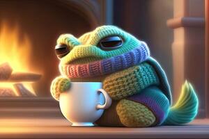 Tiny Green Frog Sipping Tea photo