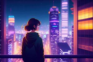 Anime Design Girl City Night Background photo