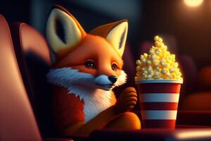 Fox at Cinema Watching Movie with Popcorn photo