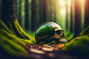 Skull in Mold or Moss in Nature Forest photo