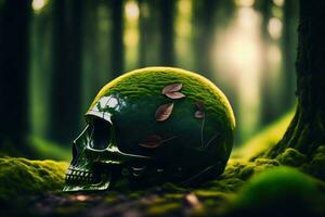 Skull in Mold or Moss in Nature Forest photo