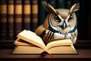 Smart Owl and Book Illustration photo