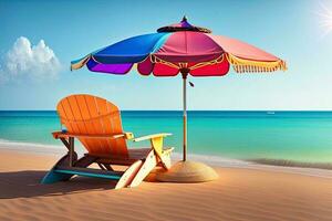 sillas con paraguas en playa generativo ai foto