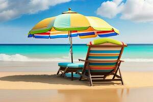 sillas con paraguas en playa generativo ai foto