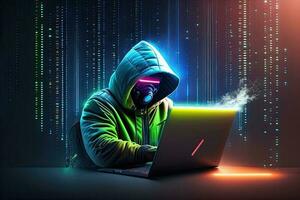 Hacker Use Laptop with Binary Code Background photo