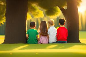 familia sentar en verde parque al aire libre foto