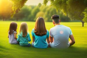 familia sentar en verde parque al aire libre foto